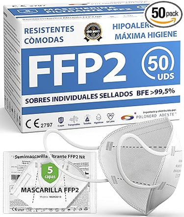 ADESTE – 50 Mascarillas FFP2 Blancas con Certificado CE, cadena controlada, elásticos cómodos, hipoalergénicos y regulables. Seguras: potencia de filtrado BFE >99,5%. Sobres individuales sellados